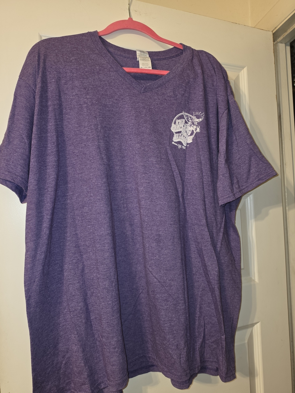 Gildan Purple Short Sleeve V-Neck Purple Moose Tee with White Skull Logo